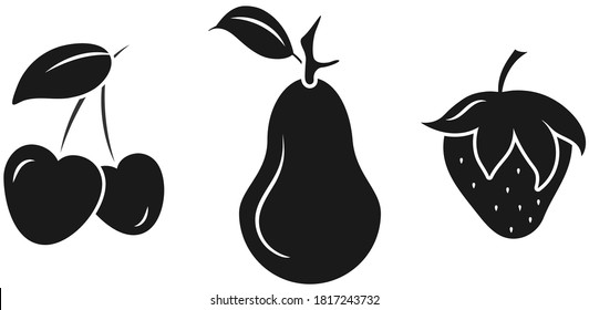 Fruit silhouettes, set of black fill icons. White stroke contour. Hand drawn pictograms of cherry, strawberry, pear for web, ui, mobile projects. Isolated elenents, white background. Vector