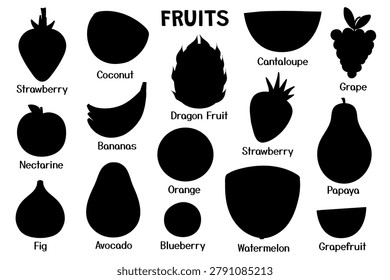 Fruit silhouettes set with strawberry, avocado, watermelon, dragon fruit and more. Black shadow shapes collection. Vector illustration