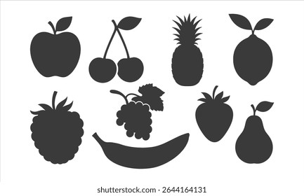 Fruit Silhouettes Vector Collection - Apple, Cherry, Pineapple, Lemon, Raspberry, Grapes, Strawberry, Banana, Pear Icons