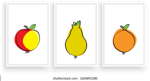 Fruit silhouettes, vector. Scandinavian  minimalist three pieces poster design. Apple, pear and orange illustration. Wall artwork, wall art, wall decals