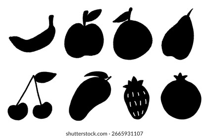 Conjunto vetorial de silhuetas de frutas - formas pretas de várias frutas isoladas no fundo branco