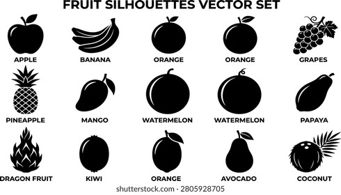 Fruit silhouettes vector set featuring apple banana orange grapes pineapple mango watermelon papaya dragon fruit kiwi avocado and coconut icons
