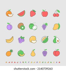 Fruit simple color icons. Editable stroke.