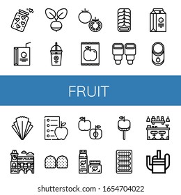 conjunto de iconos sencillos de fruta. Contiene iconos como Jar, Juice box, Radish, Smoothie, Tomato, Apple, Pastel, Pasta, Ensalada, Mimosa, Diet, Gummy puede ser usado para web, móvil y logo