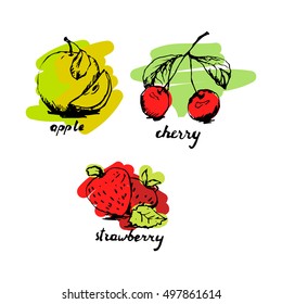 Fruit sketch set with colored fill. Vector illustration