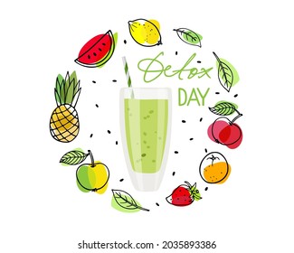 El boceto de frutas se realizó con vidrio liso y texto del día de Detox. Vidrio con líquido verde rodeado de fruta. Bebida fresca y energética. Ingredientes para bebida de cóctel o desintoxicación. Desintoxica la supercomida.