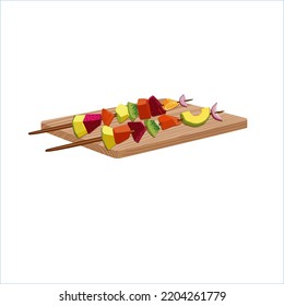 Fruit skewer. Avocado, kiwi, mango, lemon and dragon fruit on a wooden cuttingboard. Vegetarian menu vector design.