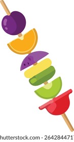 Um espeto de frutas com fatias de ameixa, laranja, melancia, melão amarelo e melão verde.
