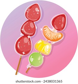 Fruit skewer tanghulu,snack candy coated with sugar syrup vector.