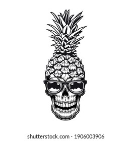 Fruit skull emblem design. Monochrome element with skeleton head in sunglasses and pineapple peel vector illustration. Summer tropical party concept for symbols or tattoo templates