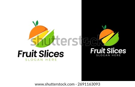Fruit slice logo design. Juice symbol with sliced fruits for diet food or health vitamin. Orange, lemon, apple vector