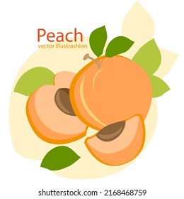 Pfirsichfarbene exotische Früchte ganz, halb und ein Stück und pfirsichfarbene Blätter einzeln auf weißem Hintergrund.Geschriebener Pfirsichhintergrund. Hervorragende Quelle von Vitamin C, Vektorgrafik.
