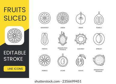 Fruit slice, vector line icon set, editable stroke. Pieces of guava and lychee, pomelo and apricot, coconut and dragon, fruit and pitahaya, papaya, grape and lemon, grapefruit