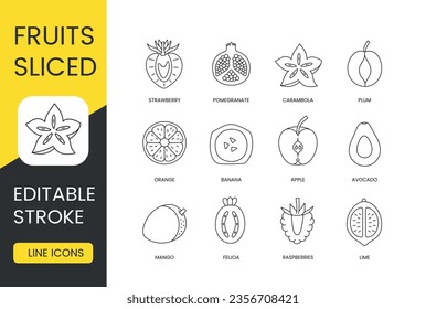 Fruit slice, vector line icon set, editable stroke. Pieces of lime and raspberries, feijoa and mango, avocado and apple, banana and orange, plum and carambola, pomegranate and strawberry
