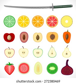 Fruit sliced by katana sword