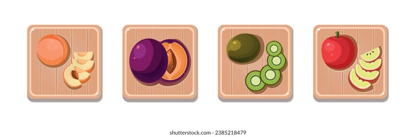 Fruit Sliced and Chopped on Wooden Board Vector Set