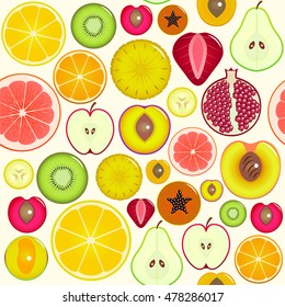 Fruit Slices Background Pattern on White Background. Vector illustration Can Be Used for Menu Restaurants. Flat Design Style fruits Background of Slices: apple, orange, peach, lemon, kiwi, pomegranate
