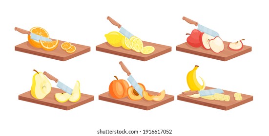Fruit slices food with knife isometric vector illustration set. Cartoon 3d ripe juicy sliced fruits on wooden cutting board collection with orange lemon apple pear banana peach isolated on white