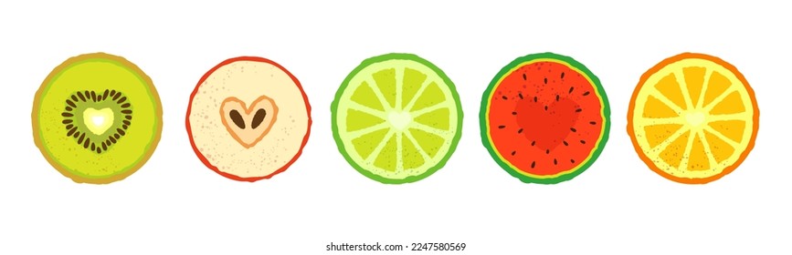 Fruit slices in the form of a heart for Valentine's Day. Geometric shapes in a modern psychedelic vibrant style. Vector illustration isolated on white background