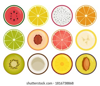 Fruit slices icons isolated on white background. Vector illustration of lemon, watermelon, dragon fruit, orange, lime, peach, grafruit, banana, kiwi, coconut, pineapple and plum slices