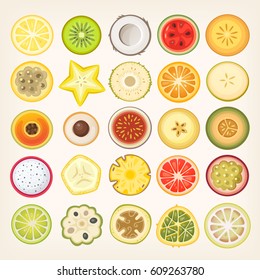 Fruit slices illustrations. Vector fruit and berry cut in halves.
Circle shaped healthy food cuts.