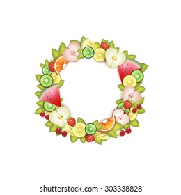 Fruit slices and leaves. Wreath, round frame. Apple, kiwi, orange, lime,watermelon, lemon, cherries, strawberries. Vector decorative element. Vector illustration.