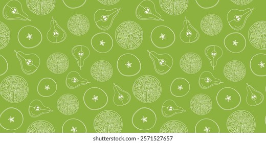 Fruit slices. Pattern. Orange, apple, pear, lemon. Citrus, food. Hand drawn line icons. Doodle illustration, repeating background.