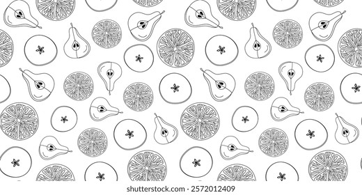 Fruit slices pattern. Orange, apple, pear, lemon. Citrus, food. Hand drawn line icons. Doodle illustration, repeating background.