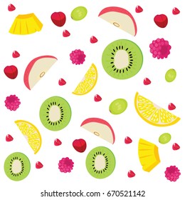 fruit slices , seamless pattern, white background , Apple , lemon, raspberry , kiwi, pomegranate grains,vector