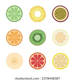 Fruit slices set. Fresh tropical fruits on white background. Flat vector illustration.