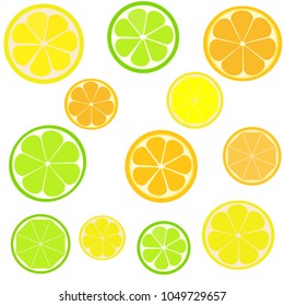 Fruit slices set: lemon, lime, orange. Lemon, lime, orange and on white background.