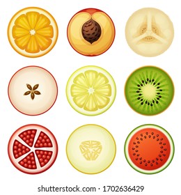 Los iconos vectoriales de los segmentos de frutas se establecen aislados en fondo blanco. Ilustración de las mitades redondas de frutas frescas: naranja, melón, plátano, manzana roja, limón, kiwi, granada, melón, sandía