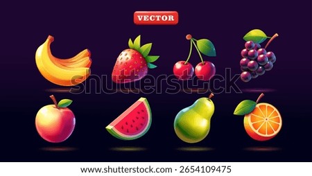 Fruit slot machine featuring bananas, strawberries, cherries, grapes, peaches, watermelons, pears, and oranges. 3D vector. Suitable for business, gaming, and design elements