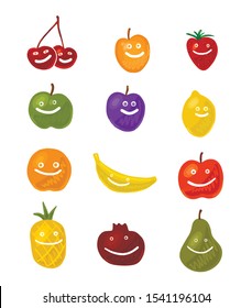 Fruit smiling characters colorful vector illustration background, apple, pear, orange, apricot, plum, pineapple, cherry, strawberry, lemon, banana, pomegranate