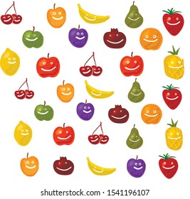 Fruit smiling characters colorful vector illustration background, apple, pear, orange, apricot, plum, pineapple, cherry, strawberry, lemon, banana, pomegranate