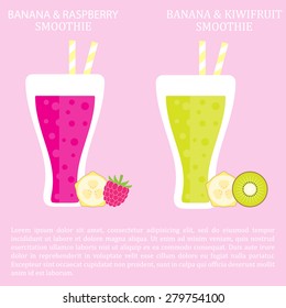 Fruit smoothie - banana with raspberry and banana with kiwifruit. Menu element for cafe or restaurant with energetic fresh drink made in flat style. Fresh juice for healthy life. Organic raw shake.