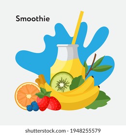 Fruit smoothie with banana and strawberry vector illustration in flat style.