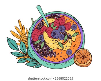 Fruit smoothie bowl colorful healthy food illustration. Vibrant fruits like strawberries bananas blueberries in a bowl with leaves and orange slice. Perfect for banners