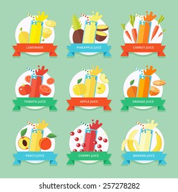 Fruit smoothie collection. Menu element for cafe or restaurant with energetic fresh drink made in flat style. Fresh juice for healthy life. Organic raw shakes.  