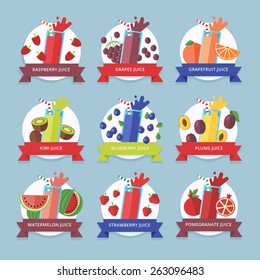 Fruit smoothie collection. Menu element for cafe or restaurant with energetic fresh drink made in flat style. Fresh juice for healthy life. Organic raw shakes. 