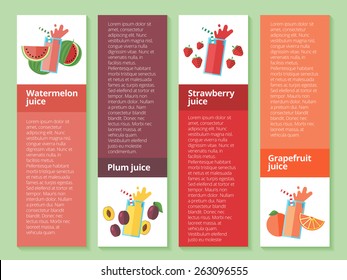 Fruit smoothie collection. Menu element for cafe or restaurant with energetic fresh drink made in flat style. Fresh juice for healthy life. Organic raw shakes.  