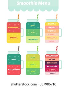 Fruit smoothie collection. Menu element for cafe or restaurant with energetic fresh smoothie made in flat style. Fresh juice for healthy life. Organic raw shakes.
