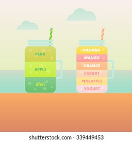 Fruit smoothie collection. Menu element for cafe or restaurant with energetic fresh smoothie made in flat style. Fresh juice for healthy life. Organic raw shakes.