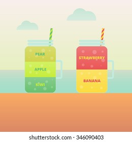 Fruit smoothie collection. Menu element for cafe or restaurant with energetic fresh smoothie made in flat style. Fresh juice for healthy life. Organic raw shakes.