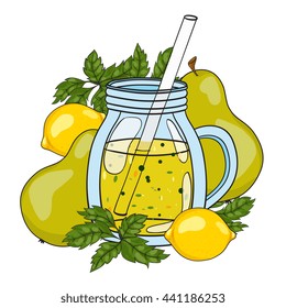 Fruit smoothie in a glass. Vector hand drawn illustration. Making a healthy smoothie. 