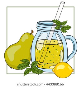 Fruit smoothie in a glass. Vector hand drawn illustration. Making a healthy smoothie. 