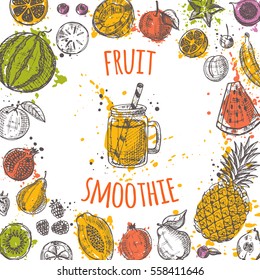 Fruit smoothie. Healthy life. Detox cocktail. Hand drawn vector illustration on the watercolor splash. Can be used for menu, cafe, restaurant, bar.