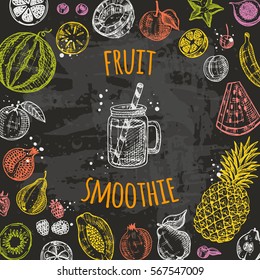 Fruit smoothie. Healthy life. Detox cocktail. Hand drawn vector illustration on the chalkboard. Can be used for menu, cafe, restaurant, bar.