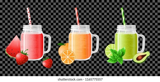 Fruit smoothie in jars with colorful straws.  Fresh fruit juice for a healthy diet. Template design of a cafe, bar, kitchen, restaurant. Isolated. Vector illustration