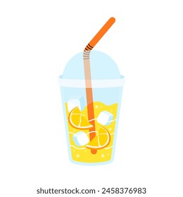 Fruit smoothie or juice in closed plastic cup with straw. Fresh lemonade. Take away summer drink with ice and lemon. Fresh lemon juice, tasty beverage flat vector illustration on white background.